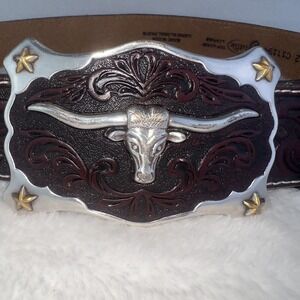 Justin Belt Mens 32 Brown Leather Western Floral Tooled Longhorn Buckle Cowboy